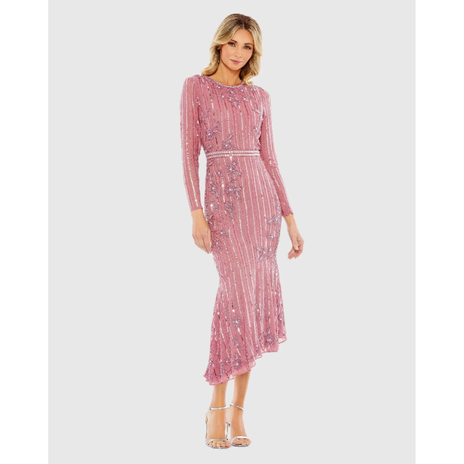 Mac Duggal 93627 Rose Pink Beaded Sequin Long Sleeve Tea Length Dress Womens 24